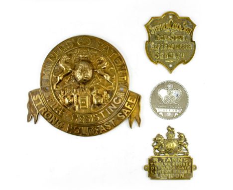 FOUR VINTAGE SAFE PLAQUES to include Milners Patent example a R. Tanns, Stephen Cox &amp; Son (4)