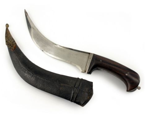 A LATE 19TH / EARLY 20TH CENTURY EASTERN PESHKABZ DAGGER with a rosewood hilt and a leather scabbard, the steel blade 23cm lo