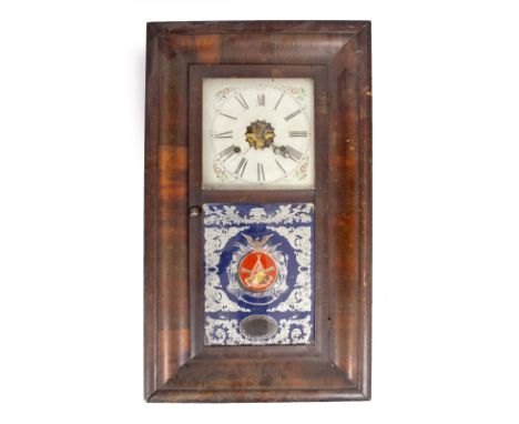 AN EARLY 20TH CENTURY AMERICAN WALL CLOCK with painted white enamel dial with black roman numerals and a reverse glass painte