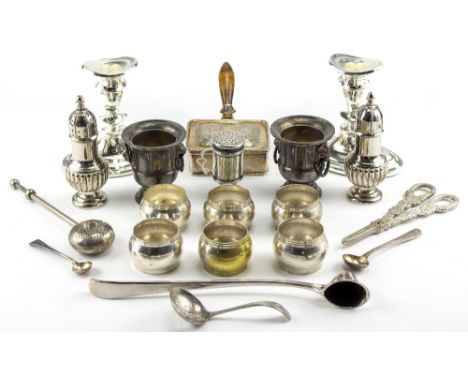 A SMALL QUANTITY OF EASTERN WHITE METAL A WHITE METAL POUNCE POT sterling silver and silver plate 