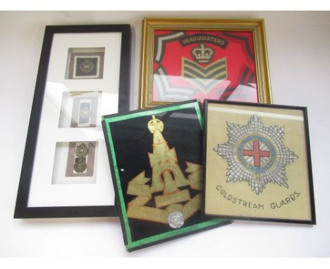 Selection of framed and glazed military badges and patches to include ranks, Coldstream Guards embroidered sweetheart patch, 