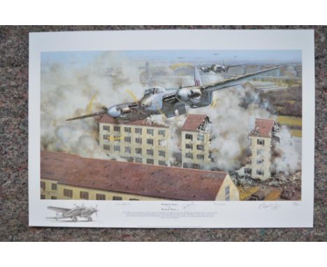 "Mosquito Attack", unframed limited edition print (20/250) by Philip E West, signed in pencil by the artist and 3 WWII RAF ai