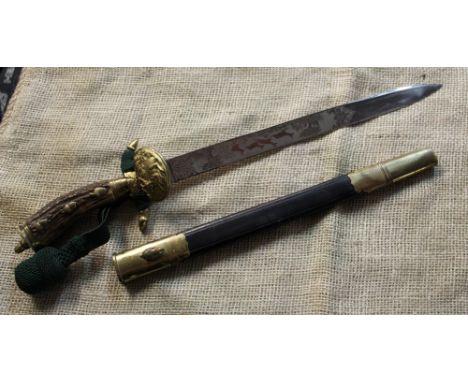 Modern C18th style Austrian hunting short sword, 12.5" blade with etched detail of running deer, stags and game, shell shaped