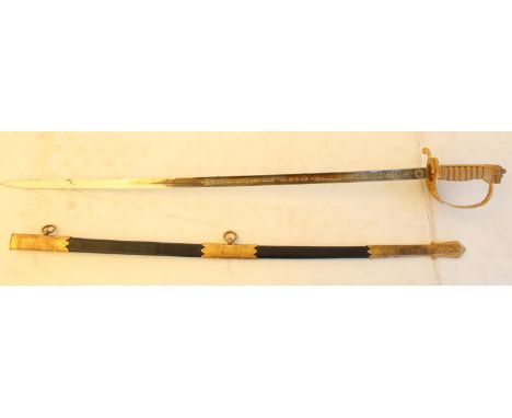 Henry Wilkinson Royal Navy Officers sword, hilt with brass&nbsp; basket hilt and crowned anchor emblem, lion's head pommel an