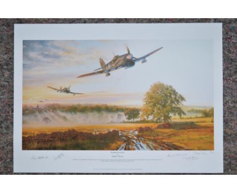 "Typhoon Scramble", limited edition print (5/300) by Stephen Brown, signed in pencil by the artist and 4 WWII RAF Typhoon air