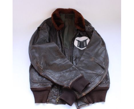 US Navy pilots G-1 brown leather flight jacket with fur collar and later added sqn patch, size 42 
