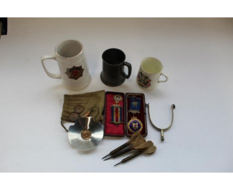 War related items - two medals for the Royal Order of Buffaloes, Peace mug, Rhodesian Army tankard, pewter glass bottomed tan