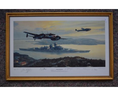 "Bismark Into Battle", framed limited edition print (250/850) by Mark Postlethwaite, signed in pencil by the artist and 5 WWI