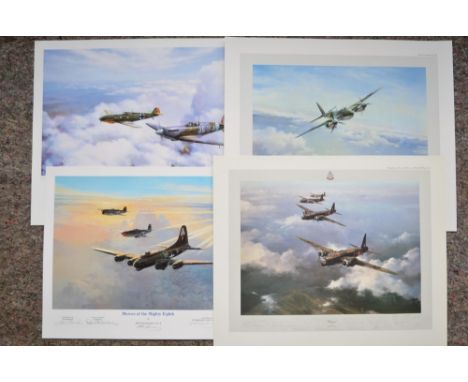 4 unframed aviation prints:"Foes, Now Friends" by Alan Holt and signed in pencil by 2 WWII RAF aircrew. Size:59.2x49cm."Heroe