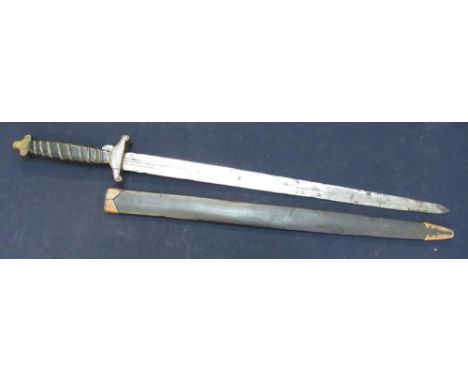 Chinese sword, 26 1/2" double edged blade, cross piece inset with shagreen mounts and carved rib grip complete with sheath 