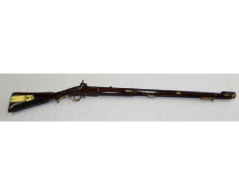 C19th Percussion cap mucket with brass folding brass patch box to the stock (no ramrod), bayonet socket fitting, total L131cm