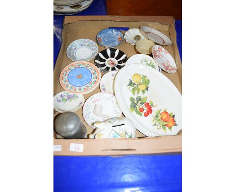 BOX CONTAINING CERAMICS, PIG MONEY BOX, SAUCERS, PEWTER JAR AND COVER ETC