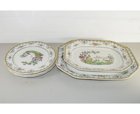 CERAMIC DINNER WARES BY COPELAND SPODE IN THE CHELSEA PATTERN INCLUDING TWO LARGE SERVING DISHES AND FIVE PLATES