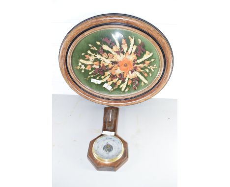 COLLAGE OF FLOWERS IN OVAL METAL FRAME, TOGETHER WITH A SMALL BAROMETER AND THERMOMETER