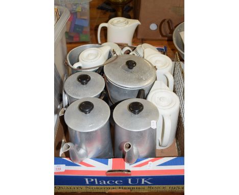 TRAY CONTAINING CERAMICS, METAL TEA POTS, CERAMIC TEA POTS ETC