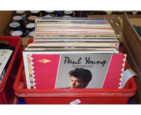 BOX CONTAINING LPS, PAUL YOUNG, DEEP PURPLE, MICHAEL JACKSON ETC