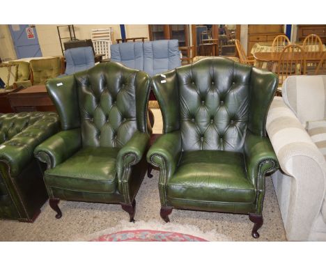 PAIR OF GOOD QUALITY BUTTON BACK LEATHER UPHOLSTERED EASY CHAIRS, EACH APPROX 87CM