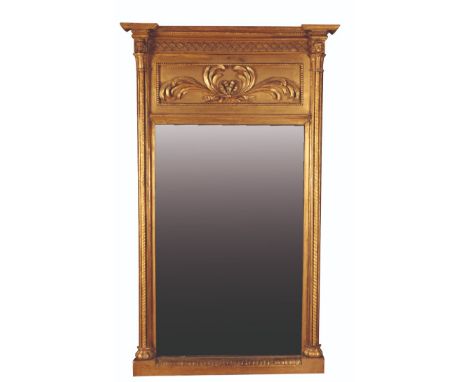 A  LARGE REGENCY GILTWOOD PIER MIRROR of architectural design, apparently retaining the original rectangular plate beneath an
