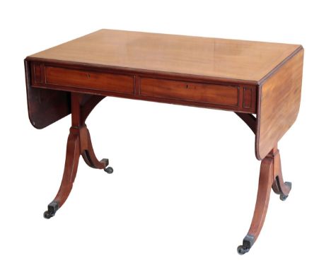 A LATE GEORGE III MAHOGANY SOFA TABLE, POSSIBLY BY GILLOWS, circa 1800, the rectangular top cleated at each hinged side, with