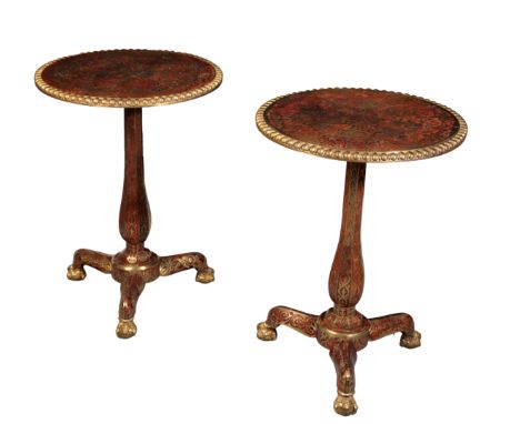 A PAIR OF REGENCY BRASS-INLAID TURTLESHELL CIRCULAR TRIPOD TABLES early 19th century, in the manner of Tatham, Bailey & Sande