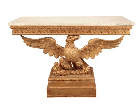 A GEORGE II GILTWOOD CONSOLE TABLE second quarter 18th century, The rectangular grey-veined white marble top above a echinus 