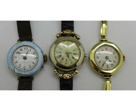 Three lady's wristwatches including one silver and enamelled wristwatch, enamel a/f