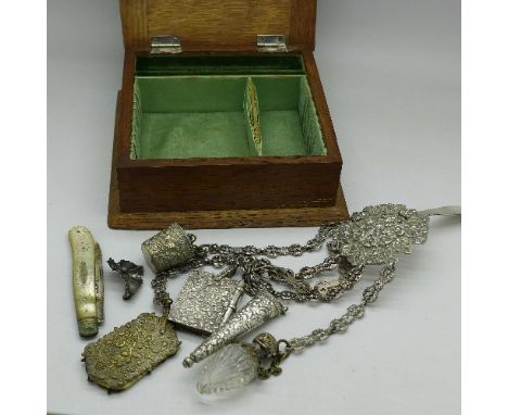 A Victorian silver and mother of pearl fruit knife, a jewellery box with applied silver top and a chatelaine