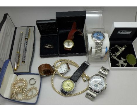 A Pierce 17 jewel two button chronograph wristwatch, faux pearl necklaces, rings, pens, Pierre Cardin and Swatch, pewter broo