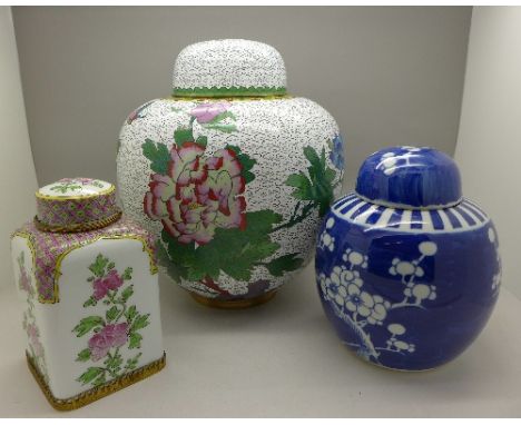 A cloisonne ginger jar, a blue and white ginger jar and an enamel ginger jar