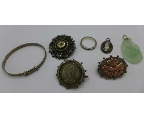 Three Victorian silver brooches, a jade pendant, a bangle, a ring and a locket