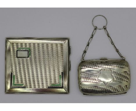 A silver 1915 lady's purse opening up to reveal a green silk lined interior together with an Art Deco enamel and engine turne