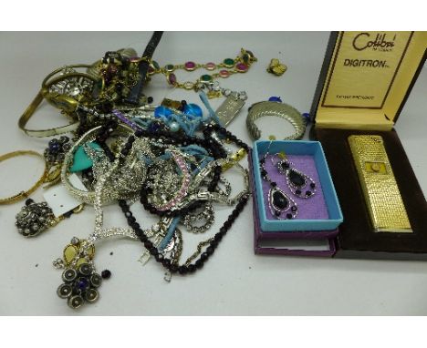 Costume and fashion jewellery including a rolled gold bangle and a Colibri lighter