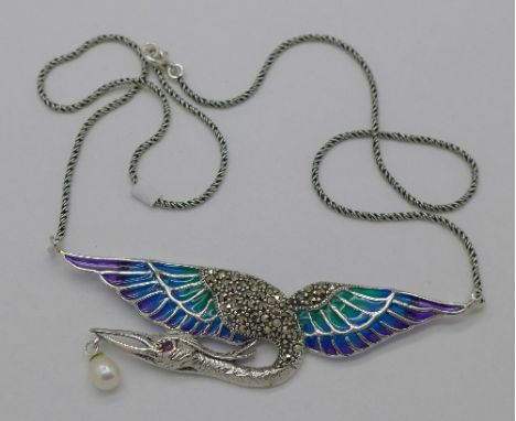 A silver, enamel and marcasite set bird necklace