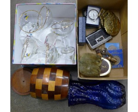 A sporran, a snuff box, binoculars, a pocket watch, crowns, Babycham glasses and a blue glass vase