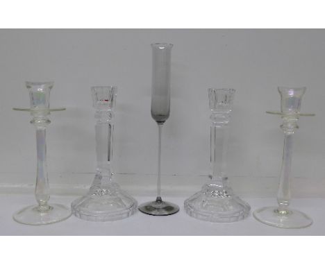 A pair of crystal candlesticks, a pair of hand blown lustre candlesticks and a Wedgwood Cassandra candlestick