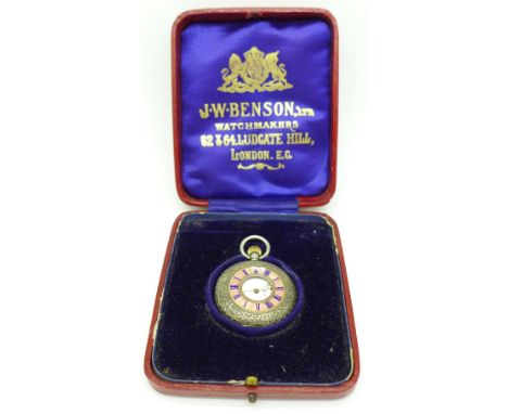 A silver and enamel fob watch with case, enamel a/f, lacking glass