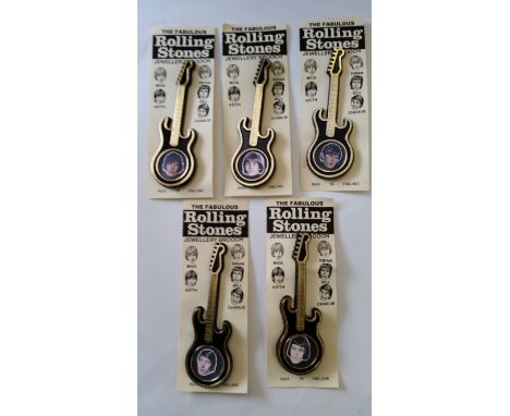 POP MUSIC, plastic guitar brooches, The Rolling Stones, set of five (all portraits), colour, by Invicta Plastics, each on car