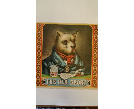TOBACCO, lithograph tobacco caddy label for The Old Sport, showing anthropomorphic dog with tobacco, drink &amp; Bells Life p