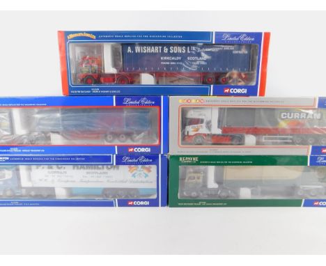 Corgi die cast models of heavy haulage lorries, comprising Volvo F88 Tautliner - Andrew Wishart & Sons Ltd CC13109, Scania To