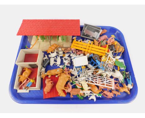 Britains plastic farm animals and figures, fencing, cow shed, feeding trough, etc, (qty).