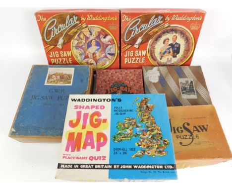 Two Waddington Coronation Souvenir Series circular jigsaw puzzles, Chad Valley GWR jigsaw, King Arthur on Dartmoor, Academy j