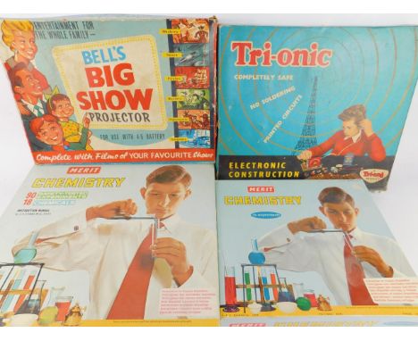 A Tri-ang Trionic electronic construction kit, Kit A, Merit Chemistry Sets, 1A and 2A, and a Bell Toys Big Show Projector, bo