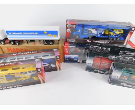 A Kenworth die cast T2000 Mural Truck, scale 1:50, Renault Turboliner with Thermo King refrigerator unit, three Teamsters Car