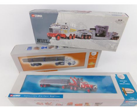 A Corgi die cast model of a Diamond T980 Wrecker and Trailer with pipes, scale 1:50, limited edition, 55610, Mack L J Logger,