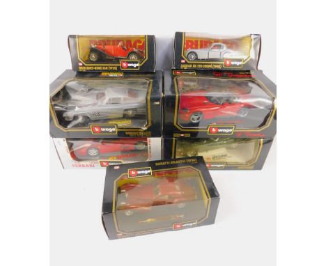 Seven Burago die cast models of sports cars, scale 1:18 and 1:24, boxed.