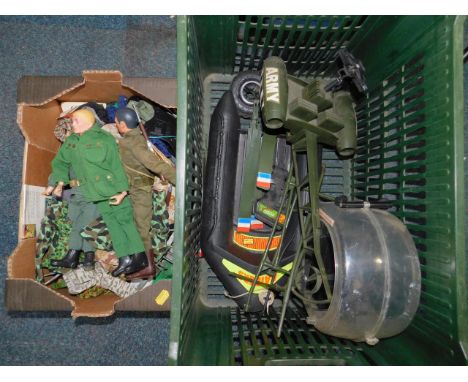 Three Action Man figures, camouflage and other clothing, Raiders landing craft and a helicopter.