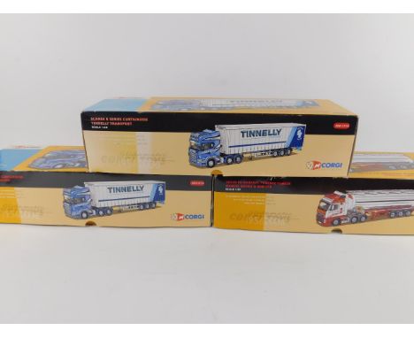 Three Corgi die cast 50th Anniversary models, Scale 1:50, limited edition, boxed, comprising Scania 2 Series Curtainside, Tin