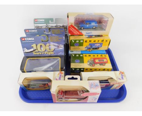 Two Corgi die cast models of Concorde, 100 years of Flight, Sherman Tank, 7th Armoured Division, C590079, and Corgi Vanguards