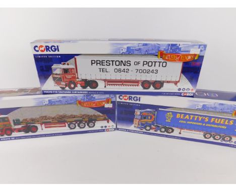 Three Corgi die cast Hauliers of Renown Lorries, scale 1:50, limited edition, boxed, comprising CC15502, CC15405 and CC13755.