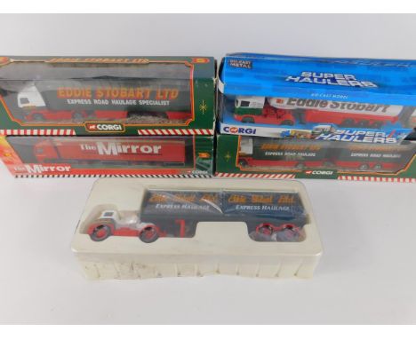 Five Corgi die cast models of heavy haulage lorries, scale 1:50, comprising four Eddie Stobart, and Volvo Curtainside, The Mi